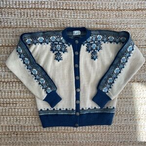 Vintage United Kintewear Co. Norwegian Wool Fair Isle Cardigan Sweater Blue